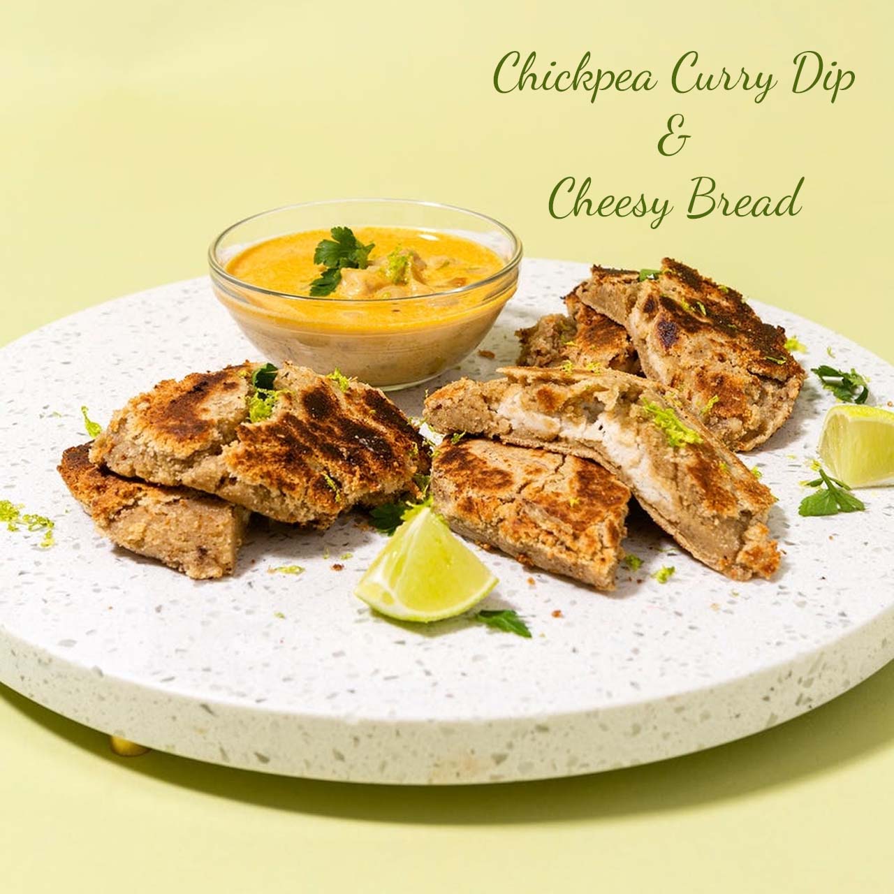 Vegan cheesy bread with chickpea curry dip